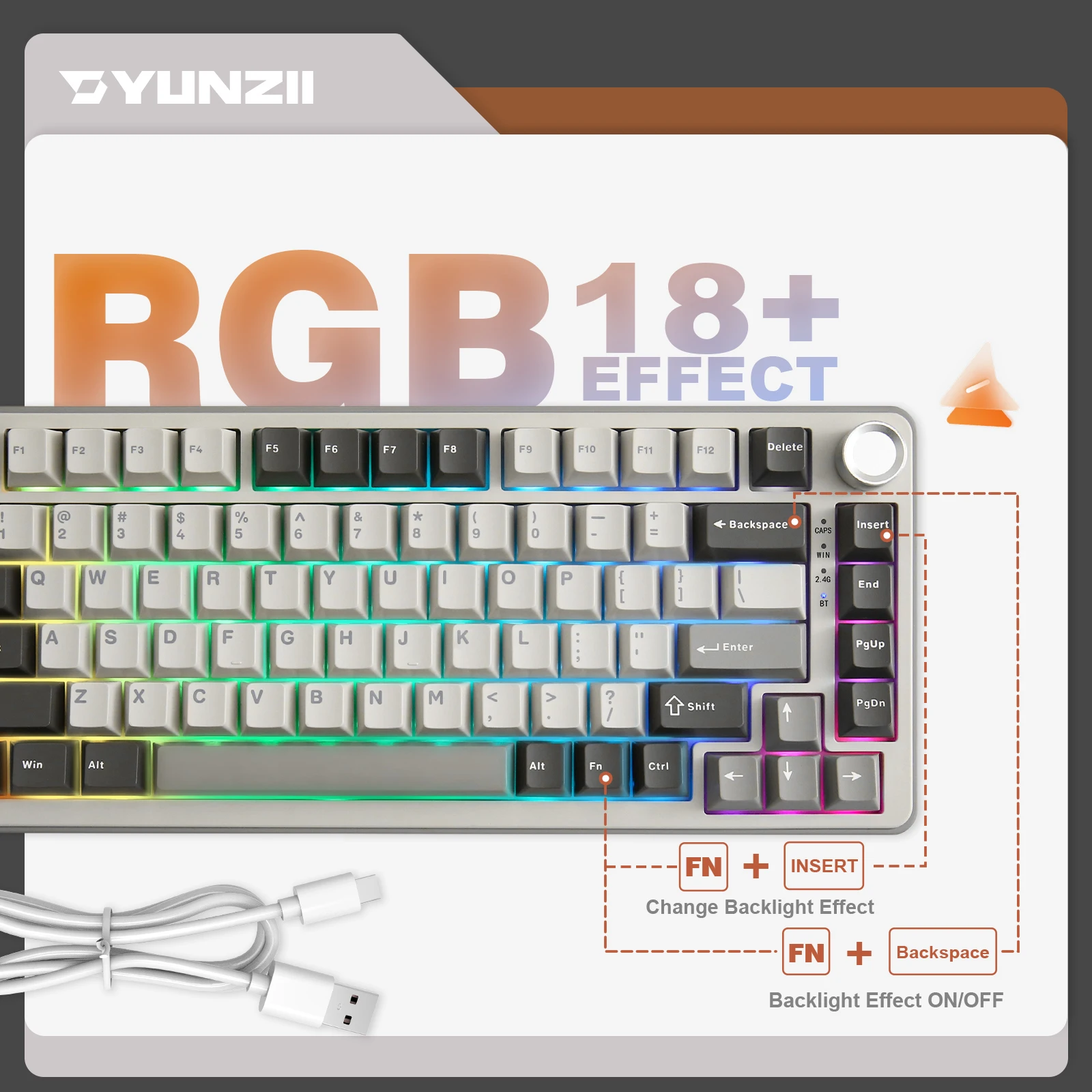 YUNZII B75 PRO 82-Key Wireless Mechanical Gaming Keyboard, Gasket Hot Swap Custom RGB 75% BT/Type-C/2.4G Creamy Knob Keyboard — image 3 of 6