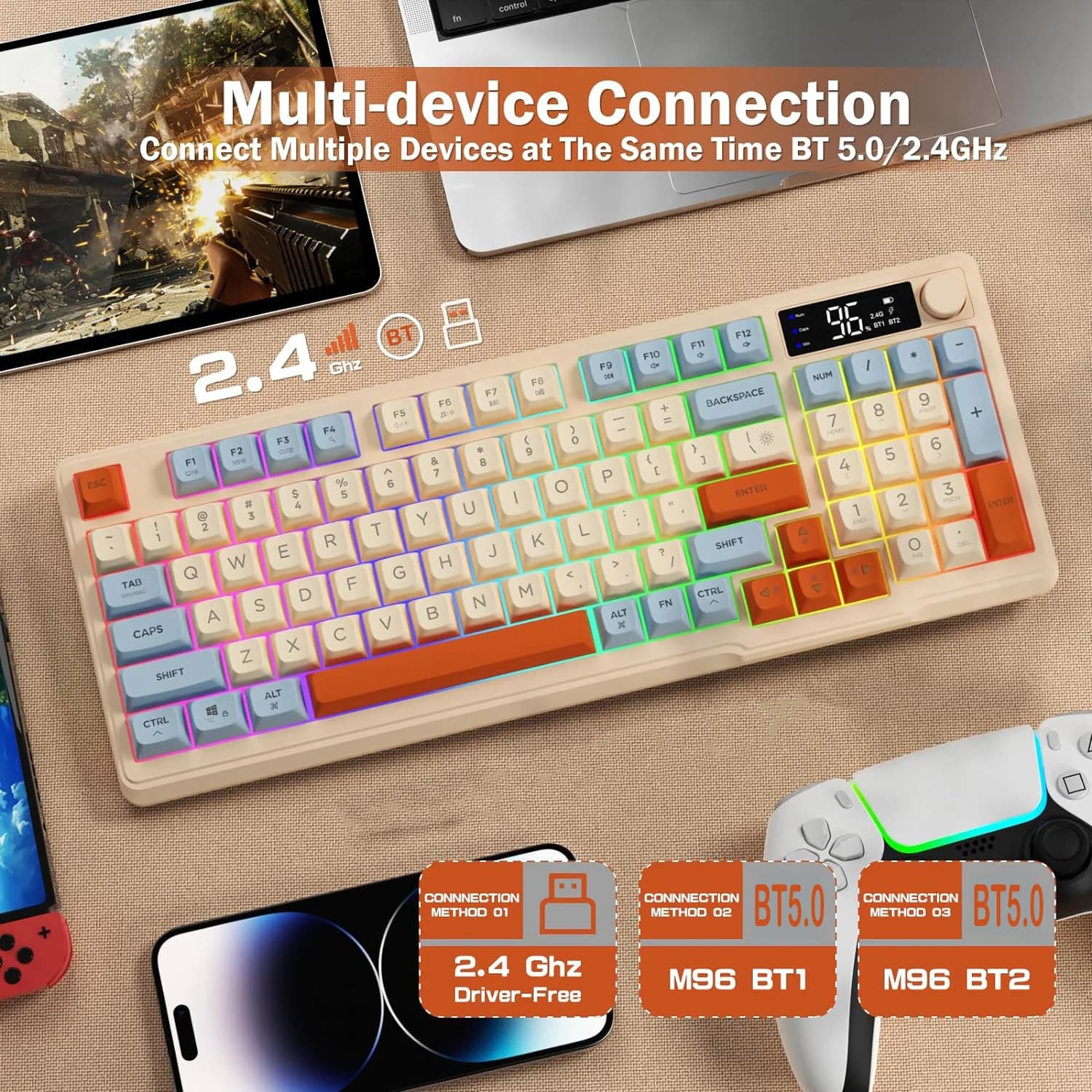 ZIYOU LANG Wireless Gaming Keyboard with Display Screen & Knob, Bluetooth/2.4GHz Quiet Membrane Keyboard, 3000mAh Rechargeable — image 4 of 6