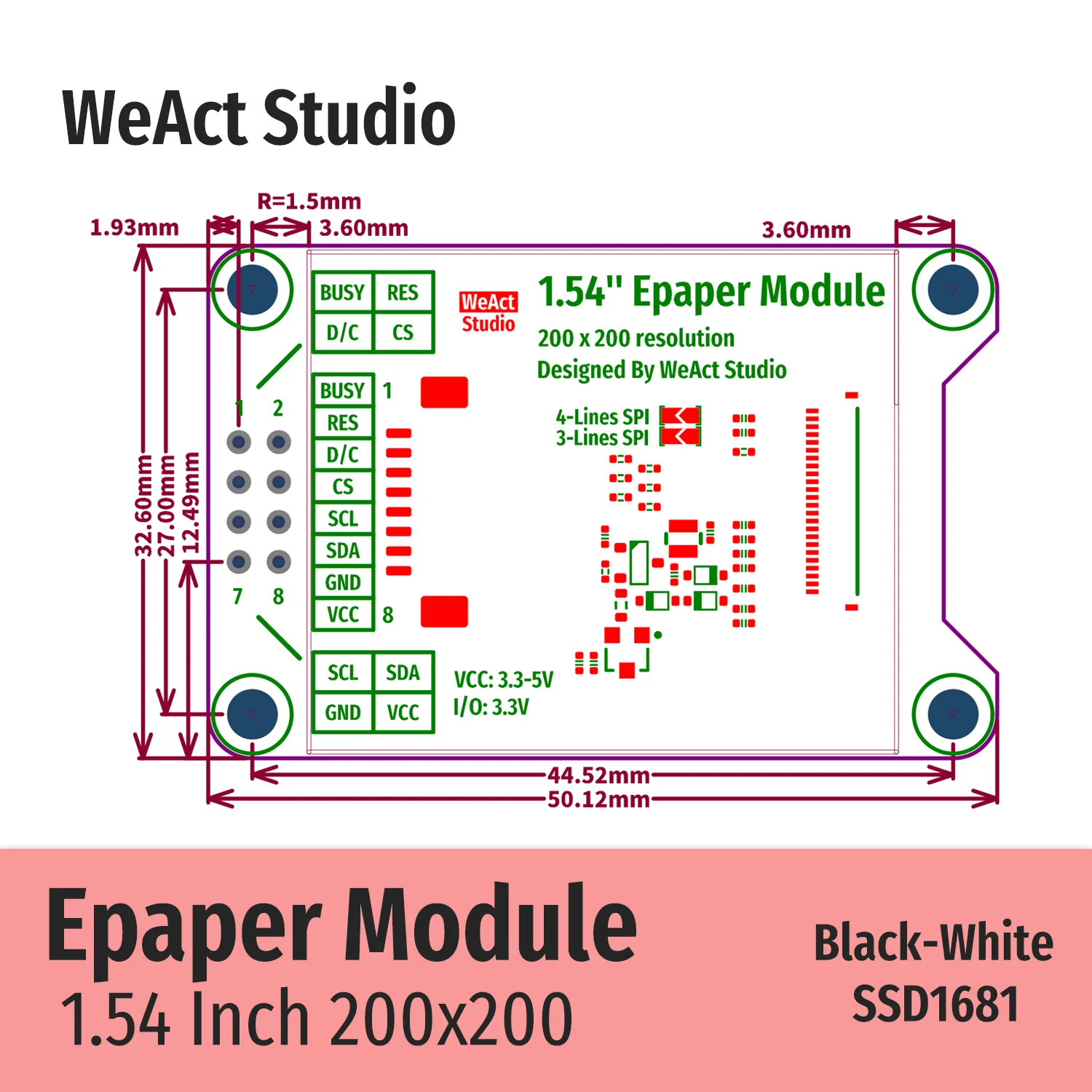 WeAct 1.54'' 1.54 Inch Epaper Module E-paper E-Ink EInk Display Screen SPI Black-W... — image 4 of 5