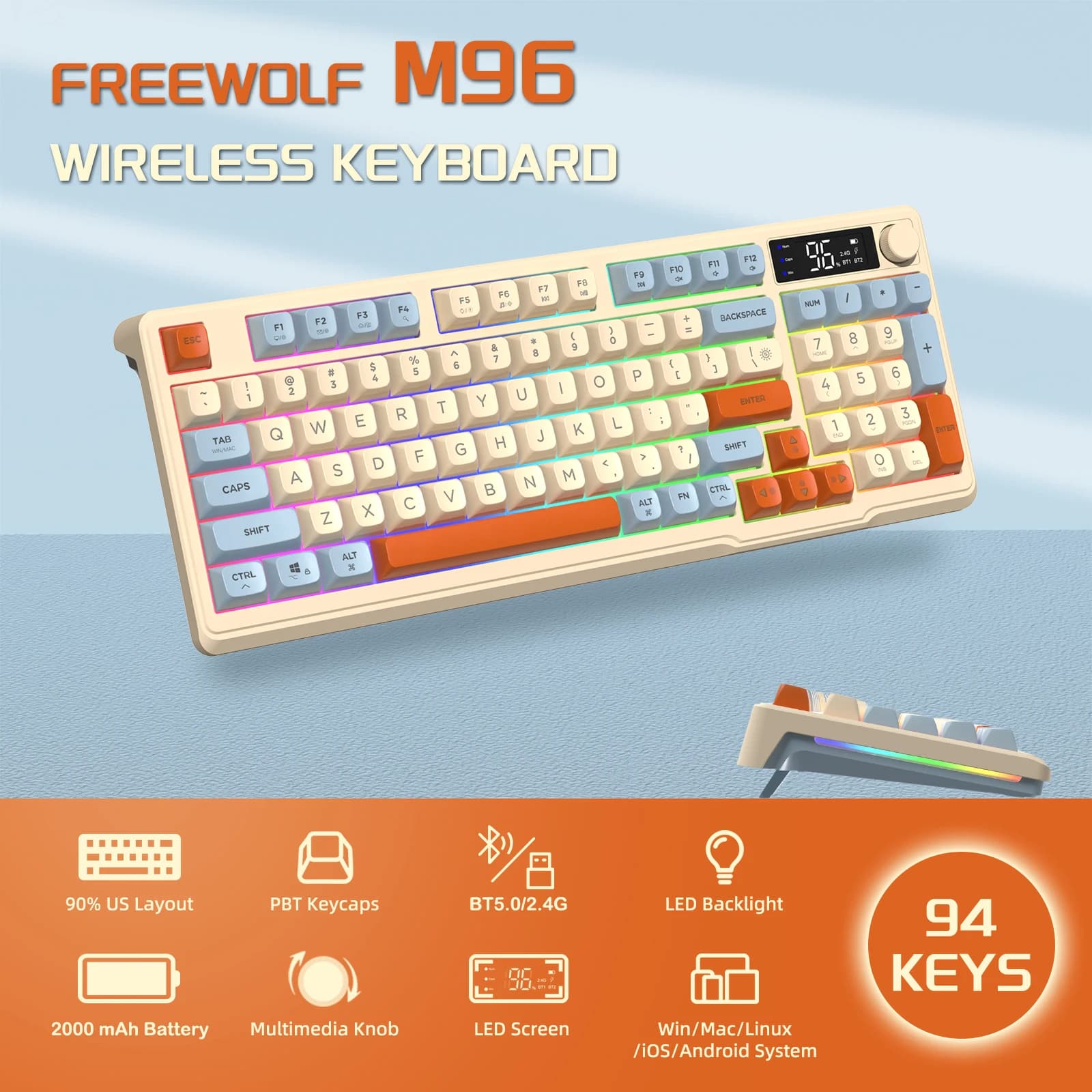 ZIYOU LANG Wireless Gaming Keyboard with Display Screen & Knob, Bluetooth/2.4GHz Quiet Membrane Keyboard, 3000mAh Rechargeable — image 2 of 6