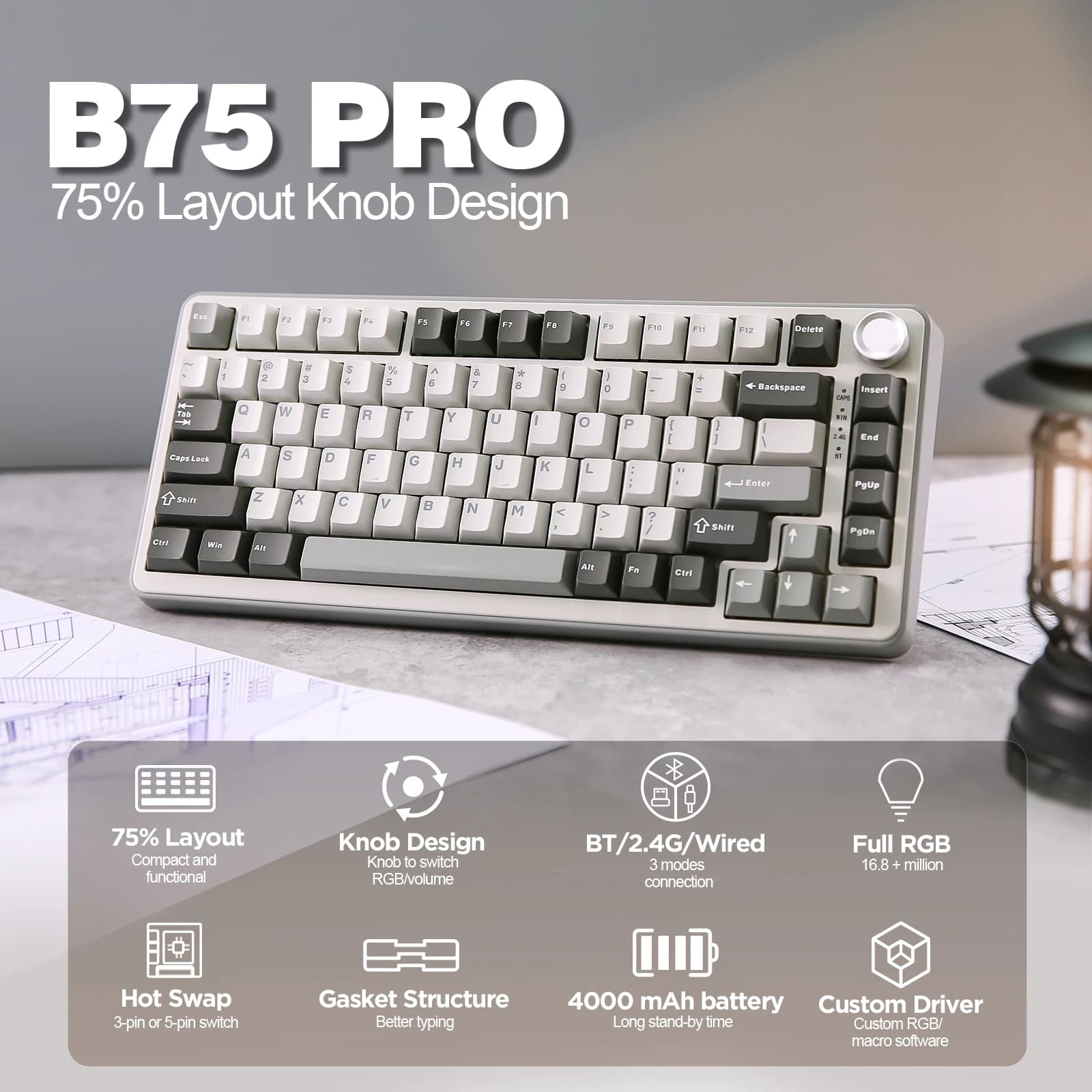 YUNZII B75 PRO 82-Key Wireless Mechanical Gaming Keyboard, Gasket Hot Swap Custom RGB 75% BT/Type-C/2.4G Creamy Knob Keyboard — image 2 of 6