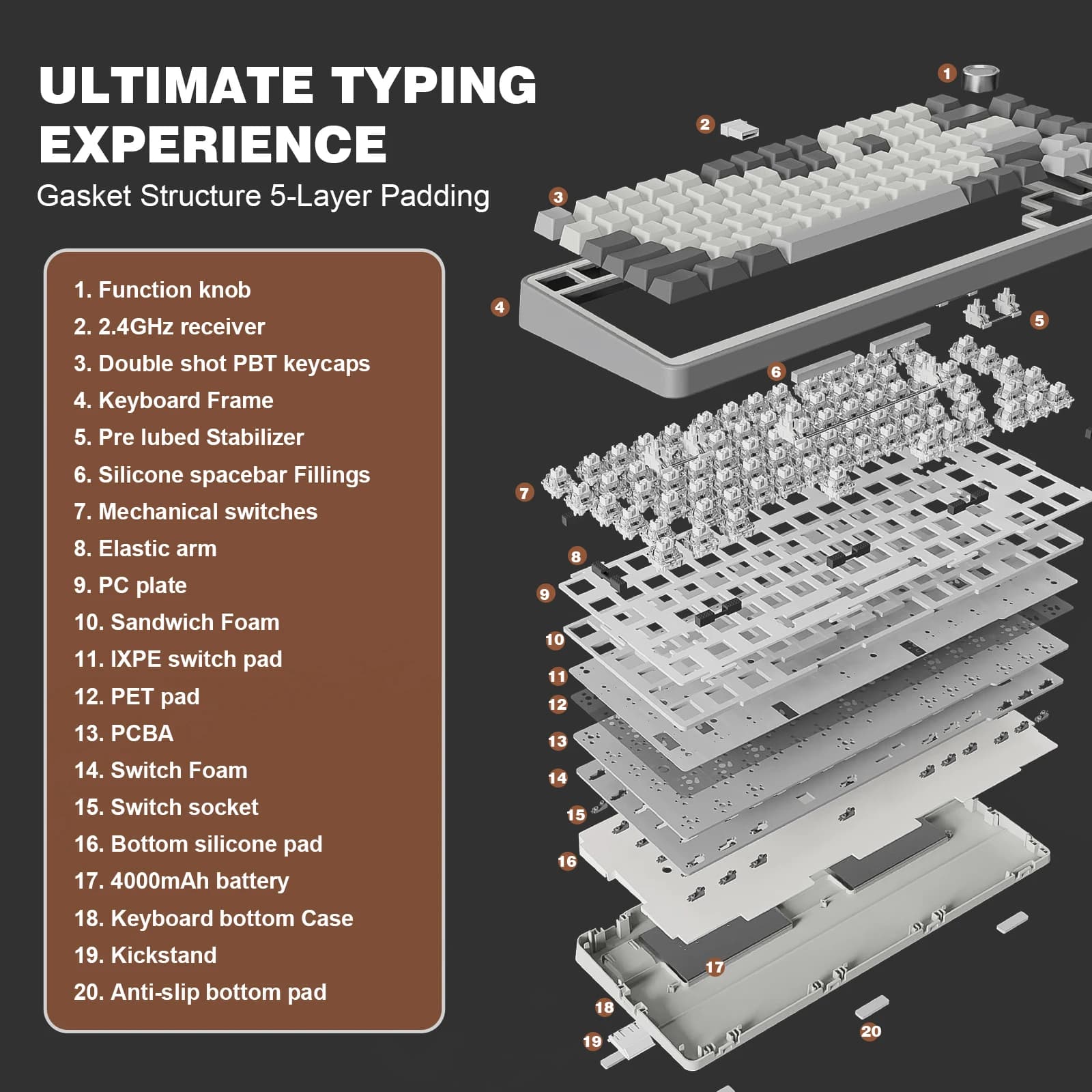 YUNZII B75 PRO 82-Key Wireless Mechanical Gaming Keyboard, Gasket Hot Swap Custom RGB 75% BT/Type-C/2.4G Creamy Knob Keyboard — image 6 of 6