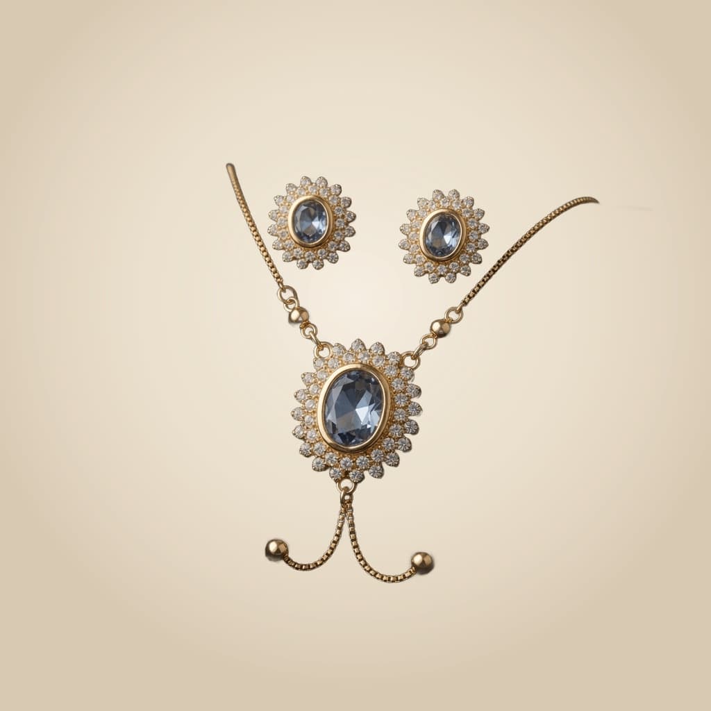 Samira Blue Center Necklace Set, Gold-plated fashion alloy with blue/grey and clear stones — Mintello jewelry Pakistan