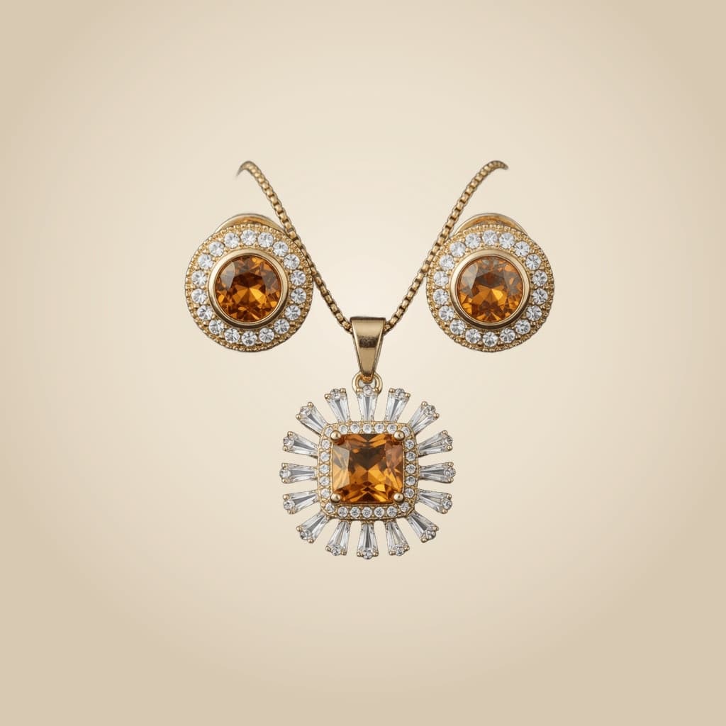 Square Pendant Duo Set, Gold-plated fashion alloy with clear/square stones — Mintello jewelry Pakistan