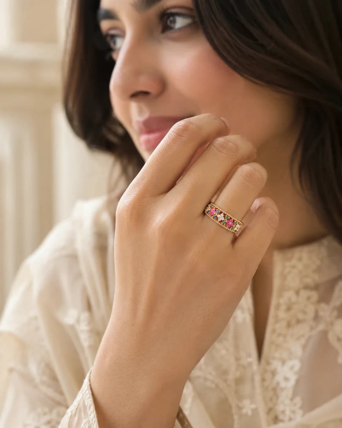 Aiza Golden Multicolor Flower Ring, Stainless steel with a gold-tone finish and multicolor stone-style accents — Mintello jewelry Pakistan