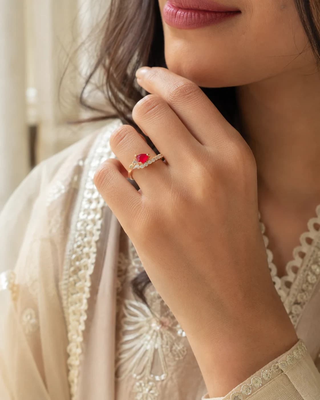 Maira Golden Red Heart Ring, Stainless steel with gold-tone finish and clear stone-style accents — Mintello jewelry Pakistan