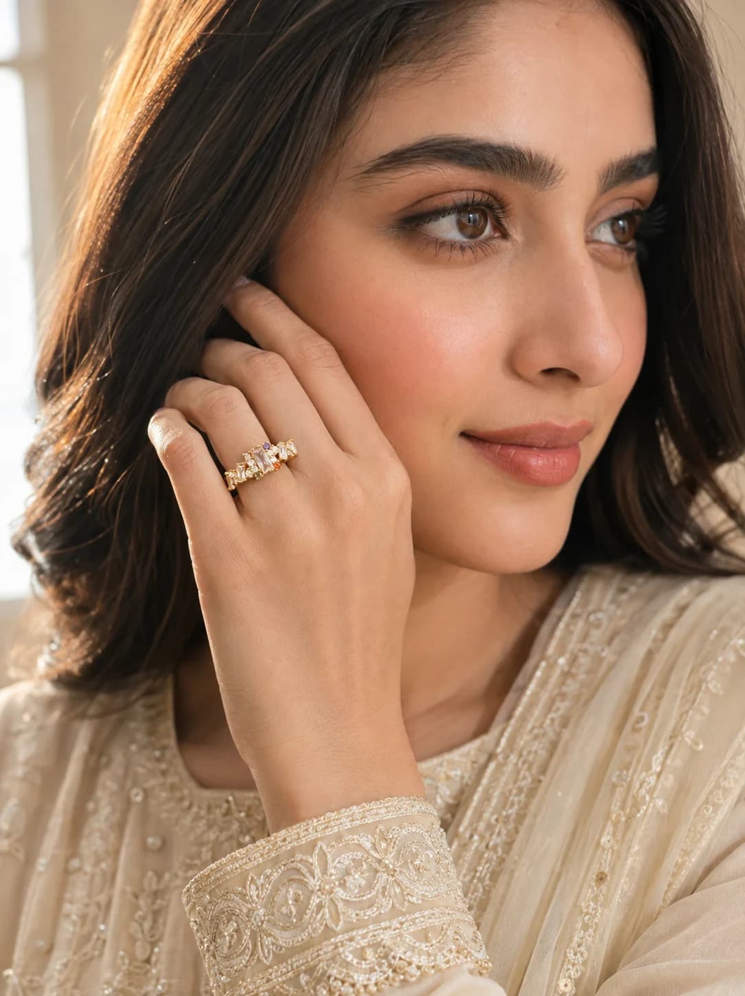 Inaya Golden Multicolor Stone Ring, Stainless steel with gold-tone finish and multicolor stone-style accents — Mintello jewelry Pakistan